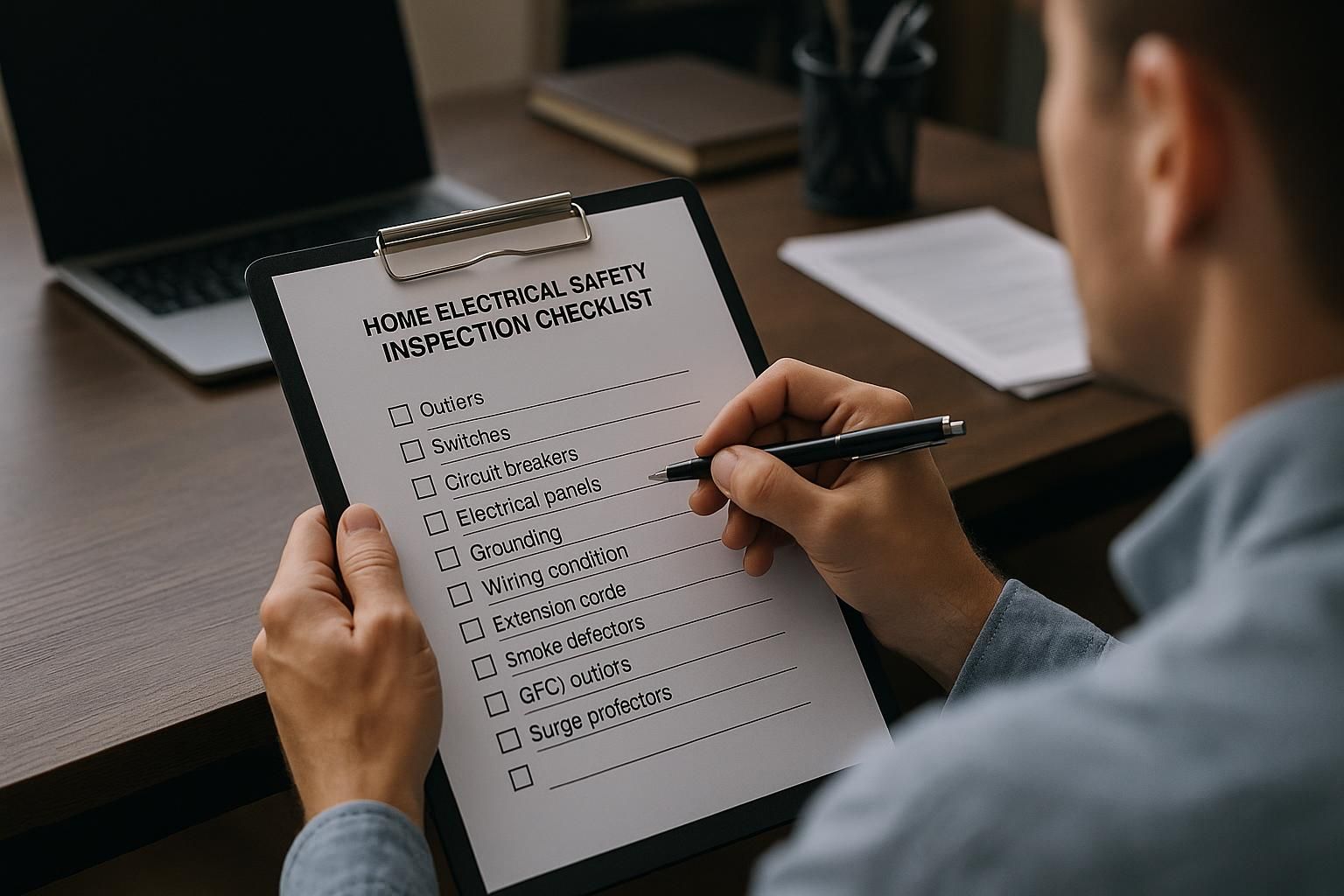 How to Create a Home Electrical Safety Inspection Checklist 1 Home electrical safety inspection checklist on clipboard held by homeowner wearing gloves by outlets