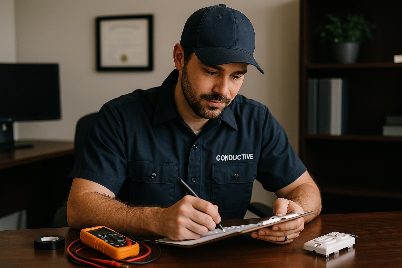 How to Find Reliable Electrical Residential Services 1 Electrician in blue uniform working on a circuit breaker in a bright living room, showcasing electrical residential services