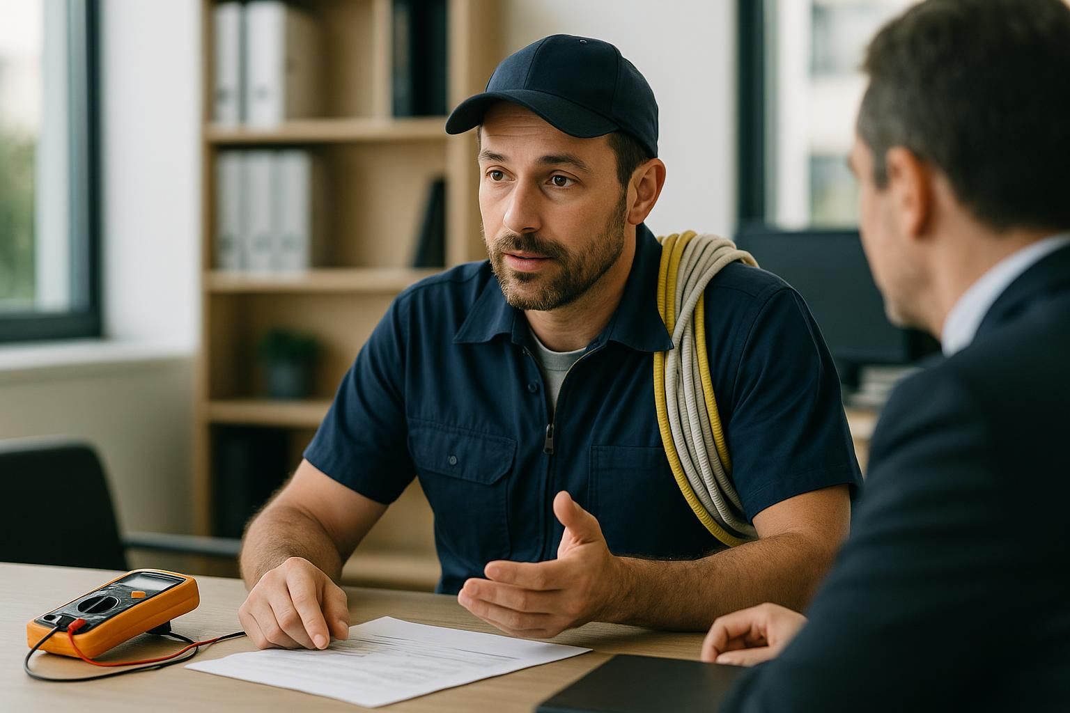 How to Find Reliable Electrician Services Near Me 1 Licensed electrician inspects home breaker panel in bright living room, equipped with tools for electrician services near me