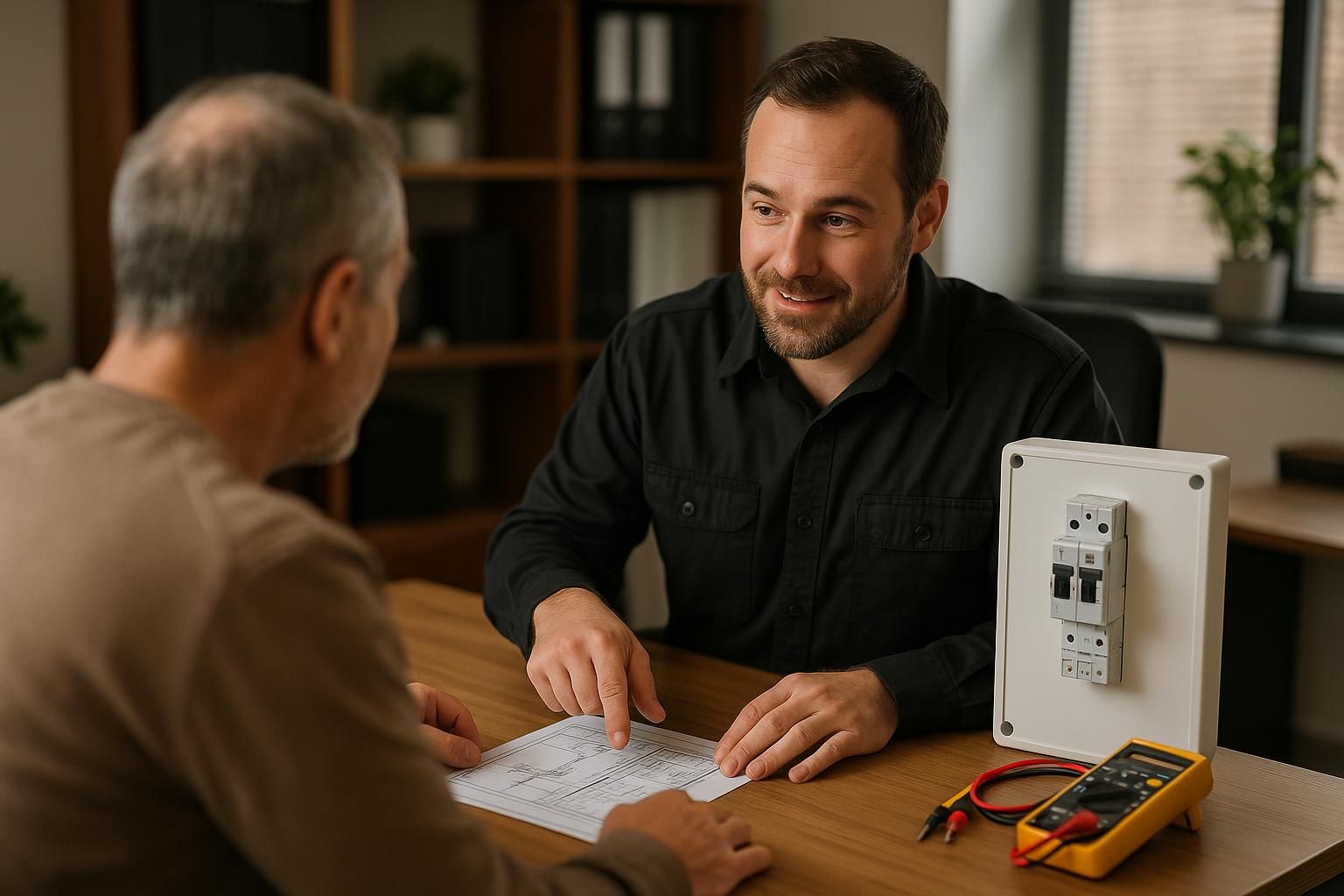 Electrician installing recessed lighting in a modern living room, showcasing residential electrical services in action