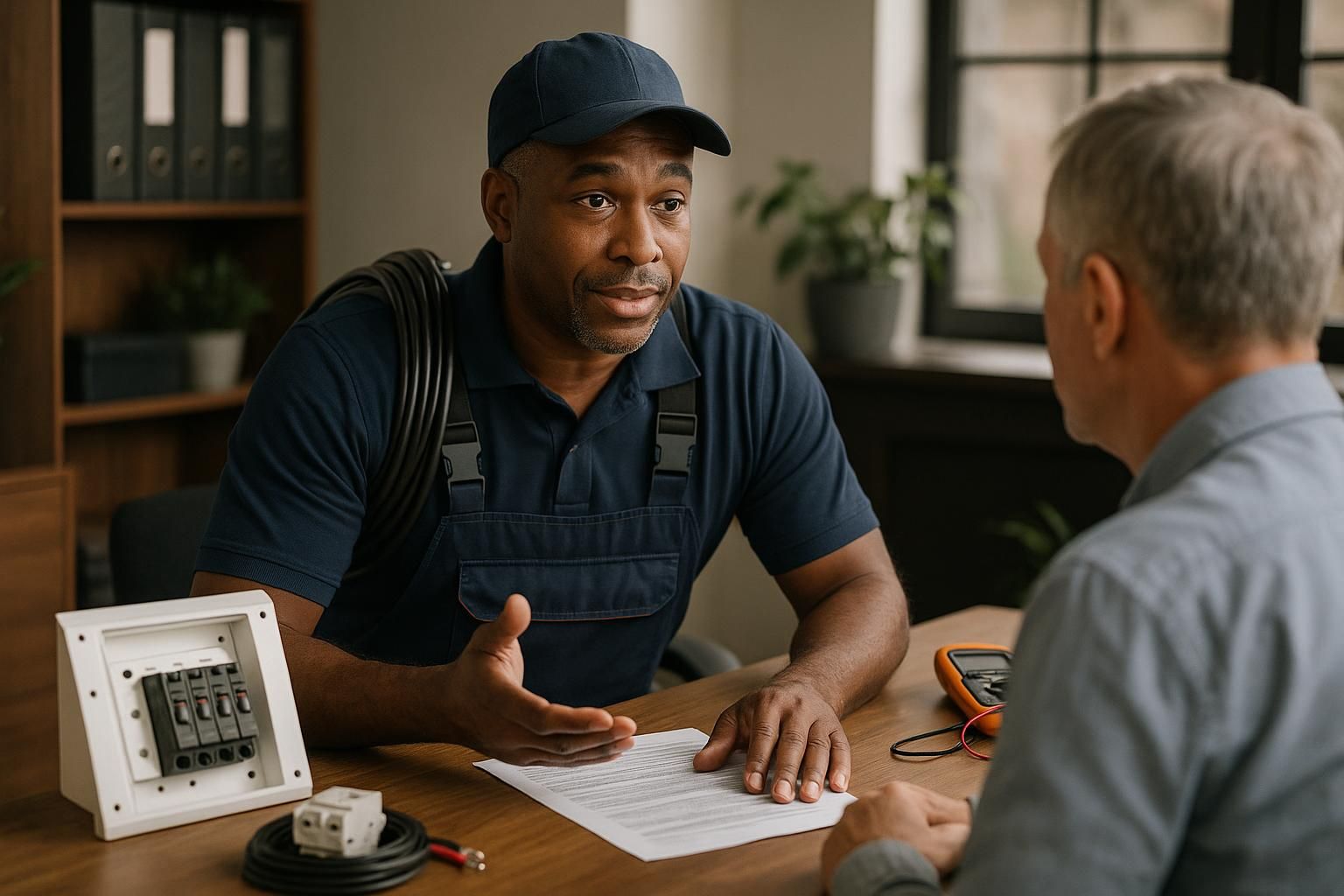Home interior with an electrician installing light fixtures in a living room, showcasing residential electrician services.