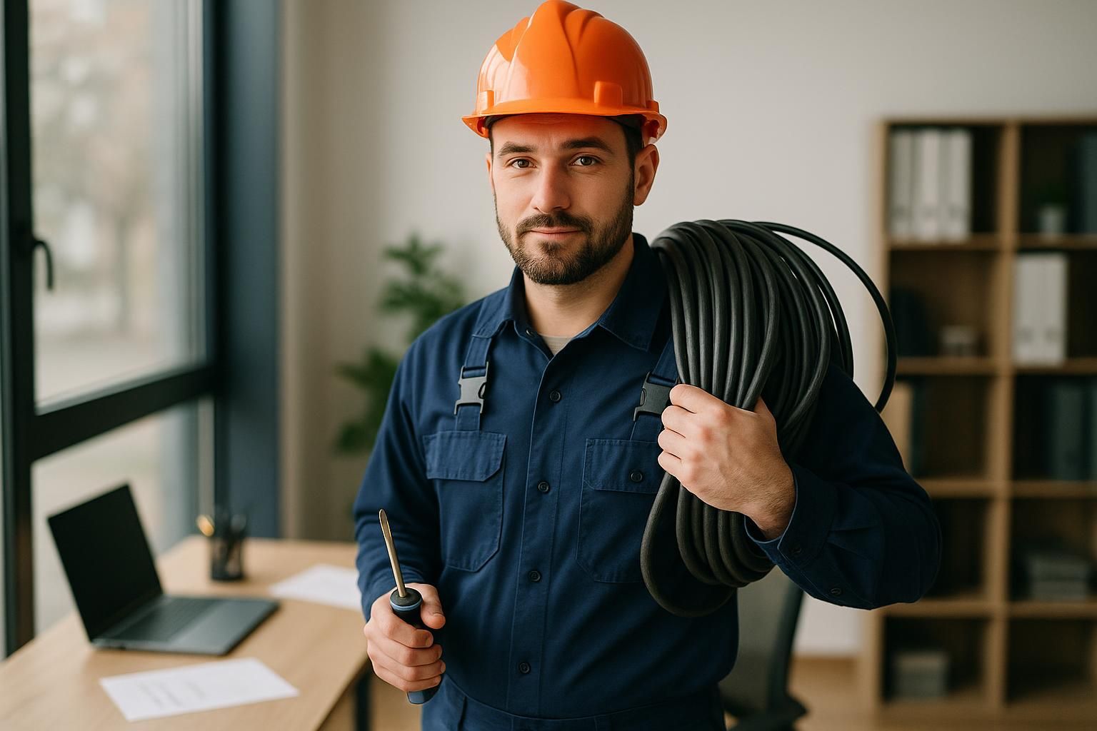 How to Find a Service Electrician Near Me Fast 1 A friendly electrician in uniform with tool belt inspects modern home electrical panel, service electrician near me