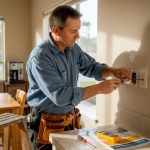 Electrician repairing light switch in home kitchen
