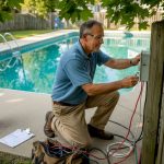 Electrician inspects outdoor pool wiring installation