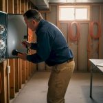 Electrician inspecting home electrical panel in basement