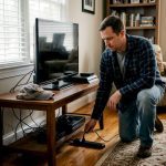 Homeowner installing surge protector in Delaware living room